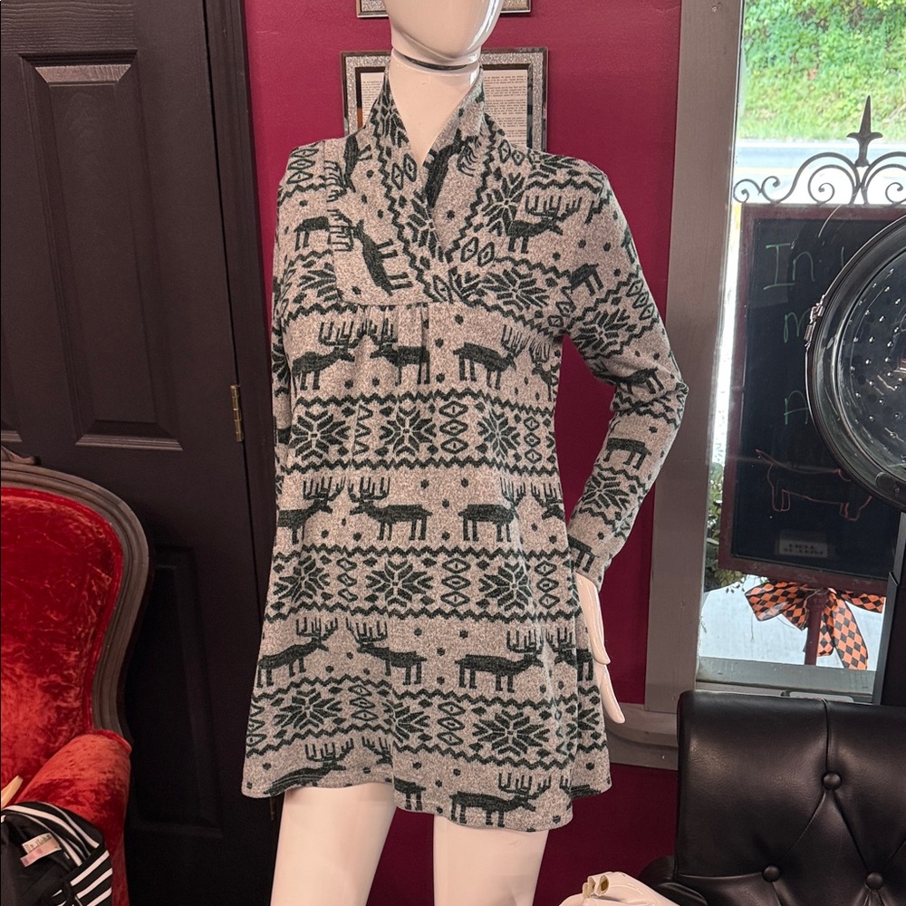Hello MIZ Gray and Green Patterned Dress